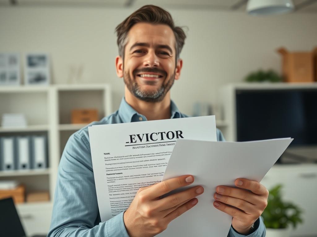 A close-up shot of a professional landlord holding eviction documents, looking confident and relieved, in an office setting with a clean, organized background, soft lighting that highlights the documents and the landlord's expression.
