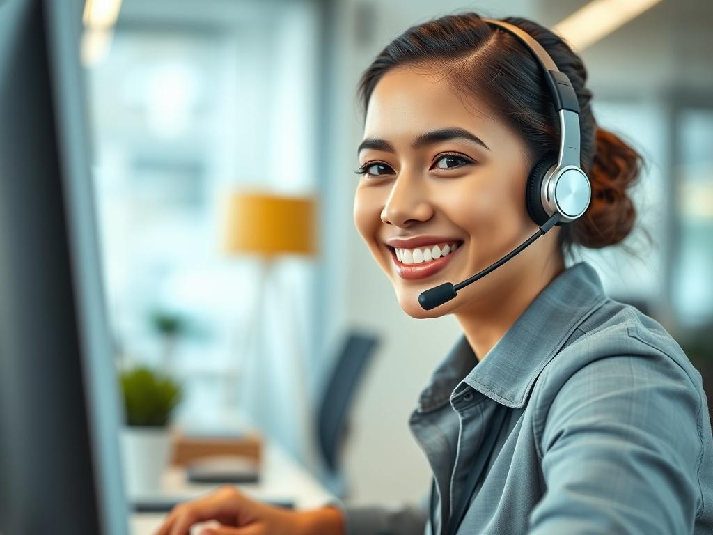 An image of a friendly customer support representative on a call, with a headset and a computer in front, displaying an approachable demeanor in a bright office environment.