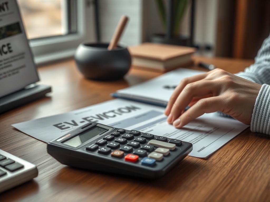 A close-up of a calculator and eviction notice on a wooden desk, with a person's hand calculating expenses, soft natural light coming through a nearby window, creating a calm and organized atmosphere.