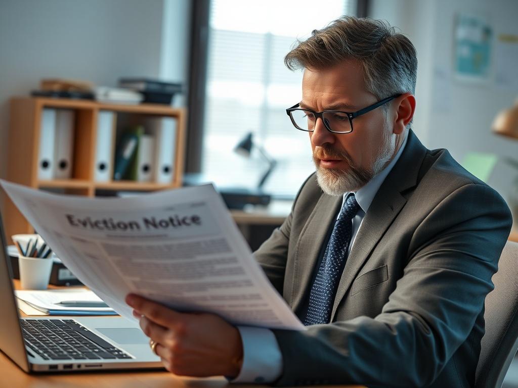 A close-up shot of a professional landlord reviewing legal documents with a focused expression, surrounded by eviction notices and a laptop, in a well-lit office environment. The background features a neatly organized workspace with office supplies. The image captures a sense of determination and professionalism, emphasizing the importance of legal documentation in the eviction process.