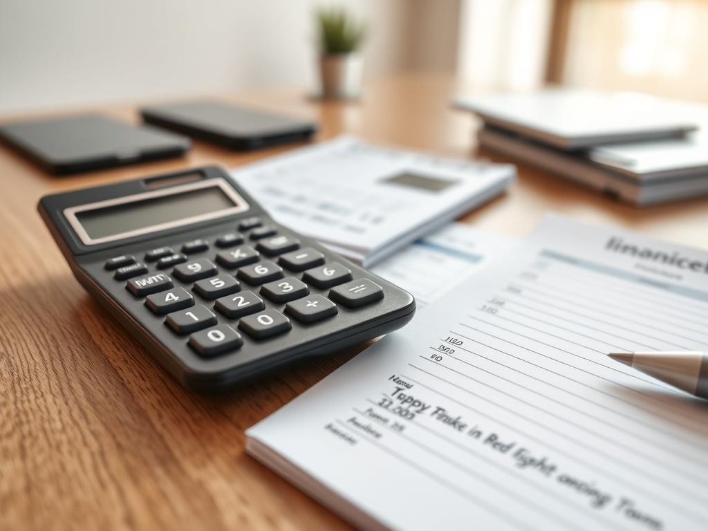 A close-up shot of a calculator, invoices, and a notepad with clear financial planning notes, set on a wooden desk. The image conveys a sense of organization and clarity in budgeting. The background features a soft focus on a well-lit office environment, emphasizing the importance of financial management in property ownership.