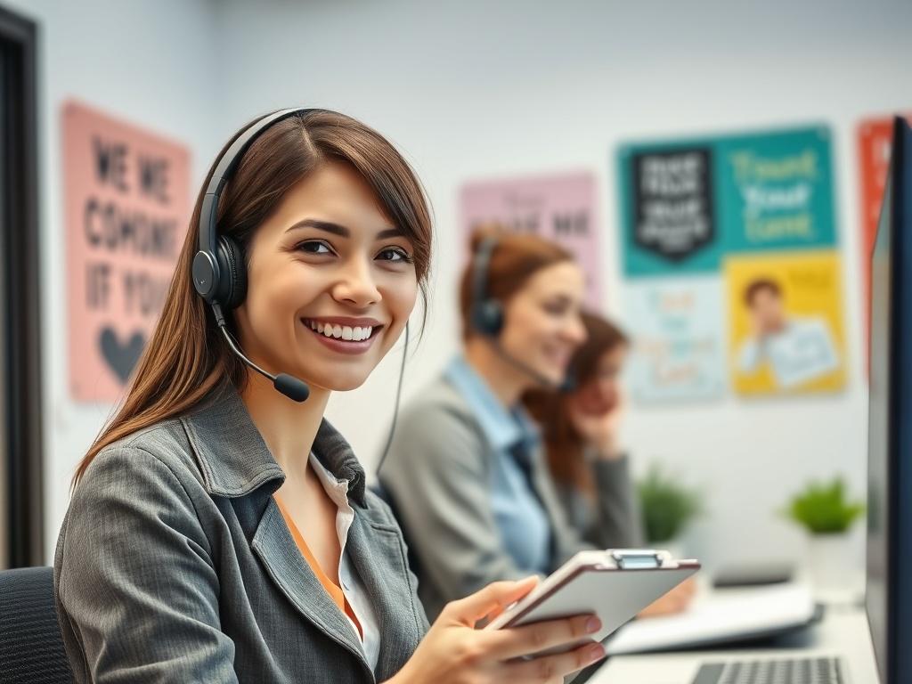 A close-up shot of a friendly customer service representative on a call, with a headset and a notepad, smiling while providing support. The background features a clean office environment with motivational posters. The image emphasizes approachability and readiness to assist, portraying a sense of trust and reliability in customer service.