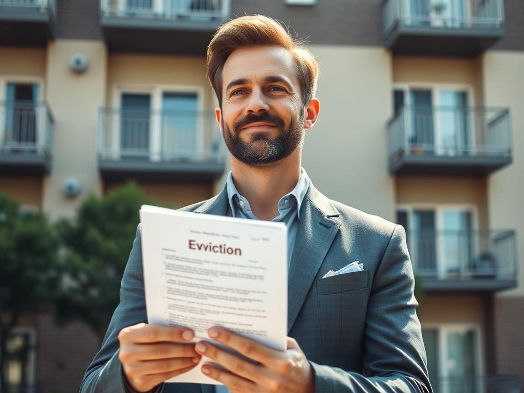 A close up shot of a confident landlord holding eviction