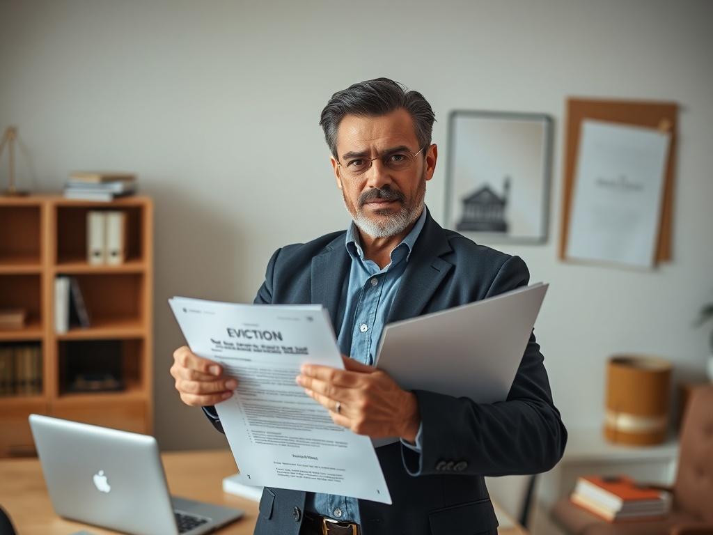 Create a realistic high-resolution photo of a confident landlord holding eviction documents in a well-lit office space, surrounded by legal books and a laptop. The landlord should be in focus, with a serious yet determined expression, symbolizing professionalism and readiness. The background should be simple and uncluttered, emphasizing the landlord as the main subject.