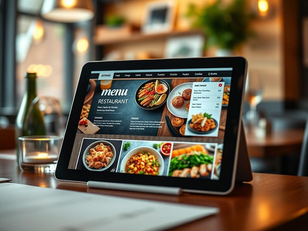A hyper-realistic close-up shot of a restaurant website on a tablet, featuring an appealing menu layout and vibrant images of food dishes. The background should be a cozy restaurant setting, enhancing the theme of dining.