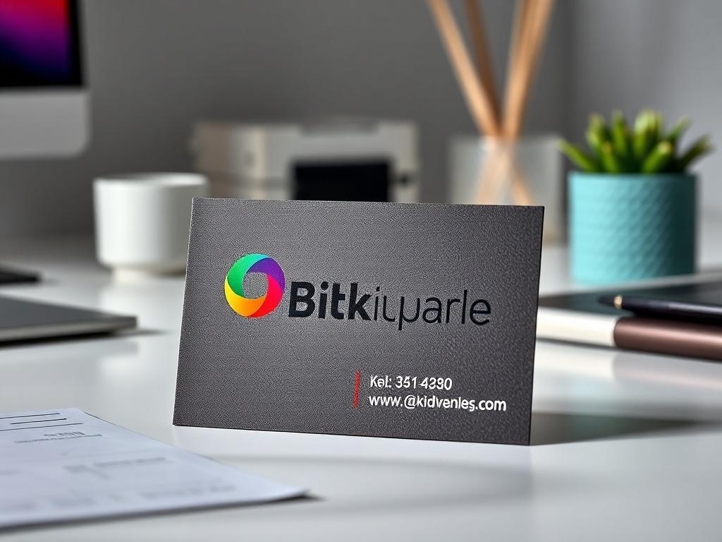 A hyper-realistic close-up shot of a new logo design on a business card, showcasing modern typography and a vibrant color palette. The background should be a clean, minimalistic workspace with a subtle focus on the business card.