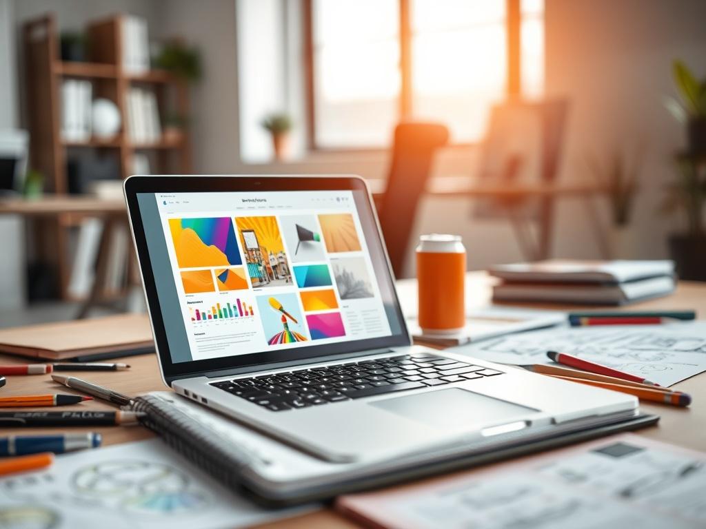 A close-up shot of a designer's workspace, featuring a high-quality laptop displaying colorful design mockups, sketchbooks with creative drawings, and various design tools scattered around. The background should be a softly blurred modern office setting with natural light coming through a window. The focus should be on the vibrant colors of the designs on the laptop screen, showcasing creativity and innovation.