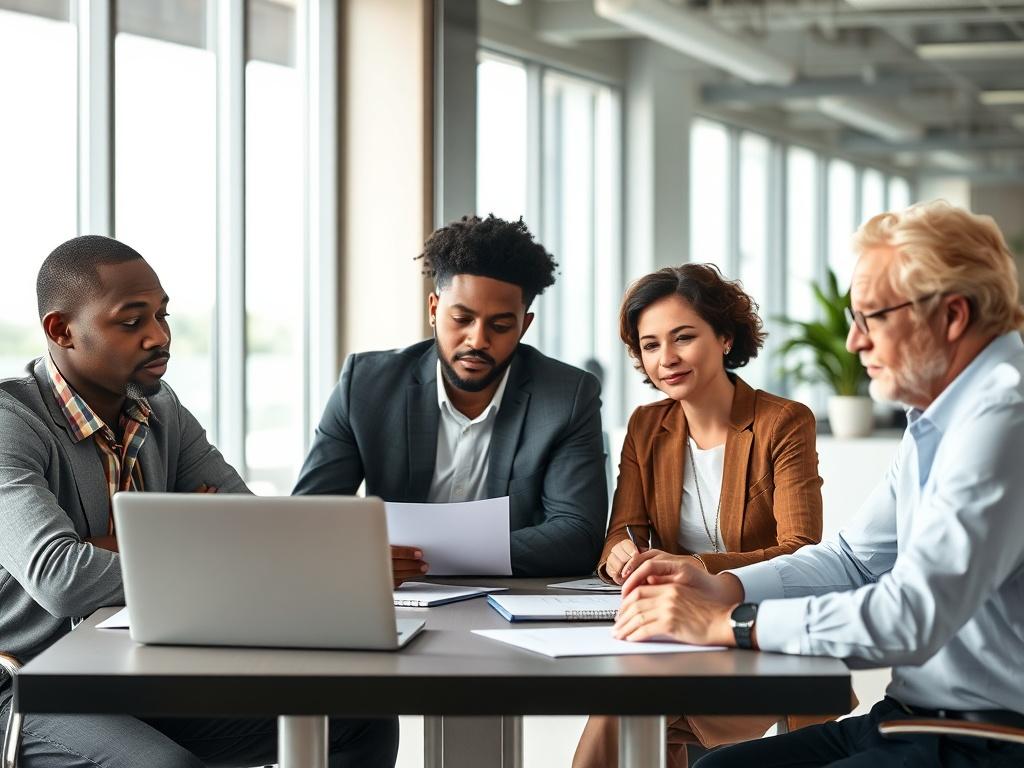 A realistic high-resolution photo of a diverse office environment. The image features two Black employees and one Asian employee engaged in a discussion around a table, with documents and laptops in front of them. The fourth employee is a White person, deep in thought while working on their laptop. They are not looking at the camera, creating a candid and collaborative atmosphere. The background shows a modern office space with large windows, allowing natural light to flood the room. The overall composition