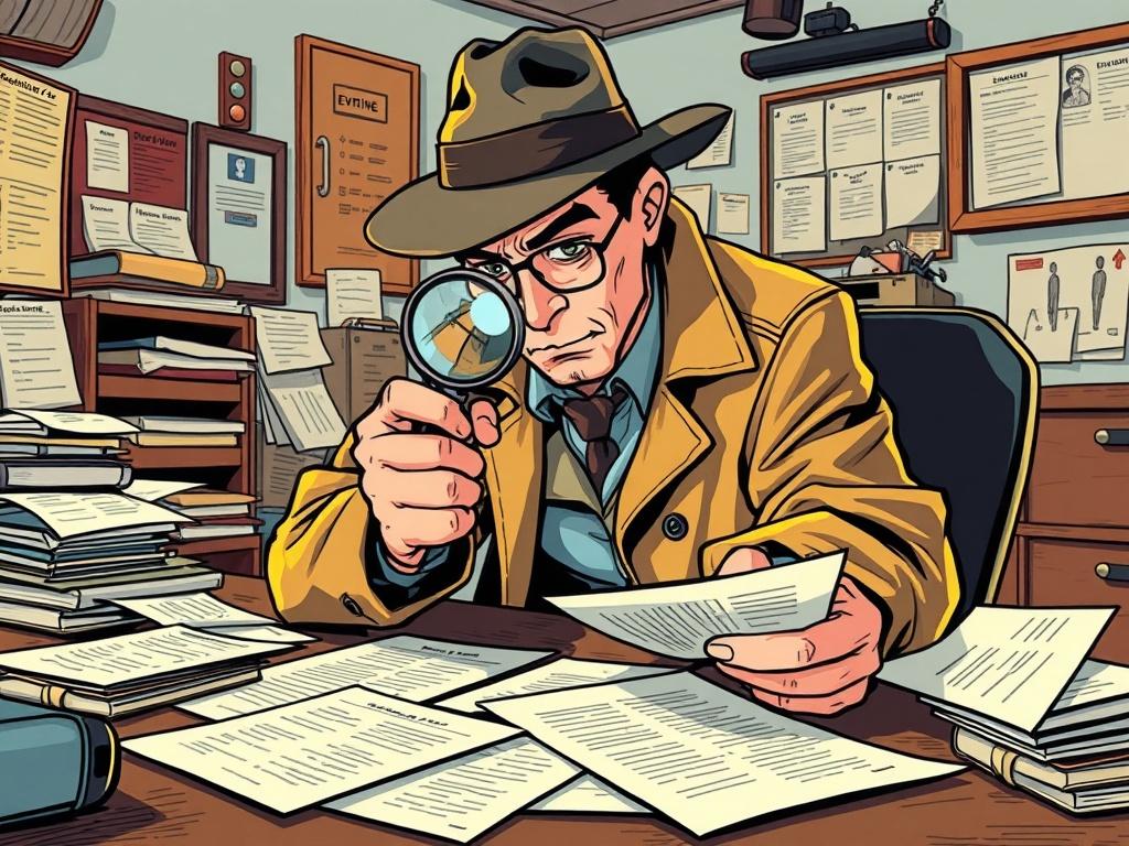 A high-quality illustration of a detective with a magnifying glass, examining a set of documents spread out on a table. The detective is portrayed in a stylized comic drawing style, wearing a classic trench coat and hat. In the background, there are hints of a cluttered office environment with files and evidence boards, creating a dynamic and engaging scene. The colors should be vibrant and lively, incorporating the primary color rgb(2, 86, 197) to enhance the visual appeal.