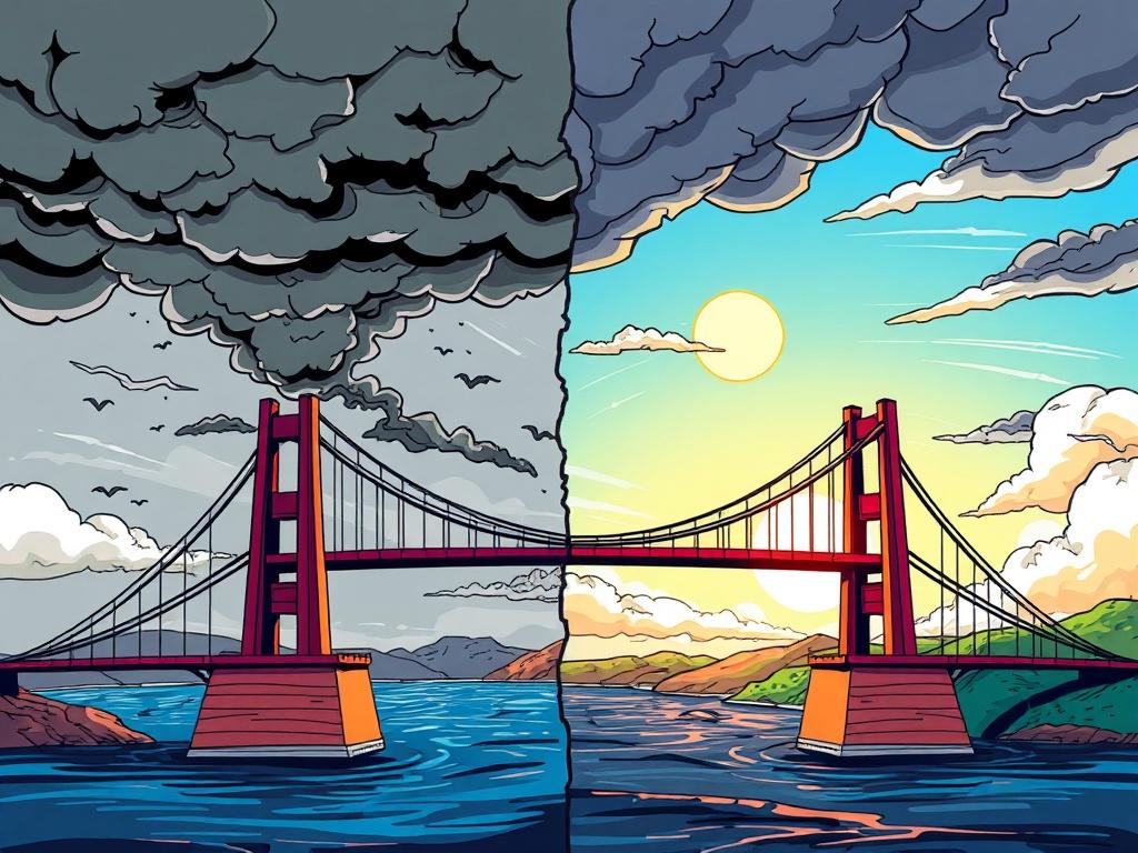 A high-quality illustration depicting a bridge divided into two sides. The left side shows a gloomy atmosphere with dark clouds and tension, while the right side features a bright, sunny landscape symbolizing mutual resolution. The bridge serves as a metaphor for conflict resolution, showcasing the transition from negativity to positivity. The colors should be vivid and dynamic, emphasizing the contrast between the two sides.