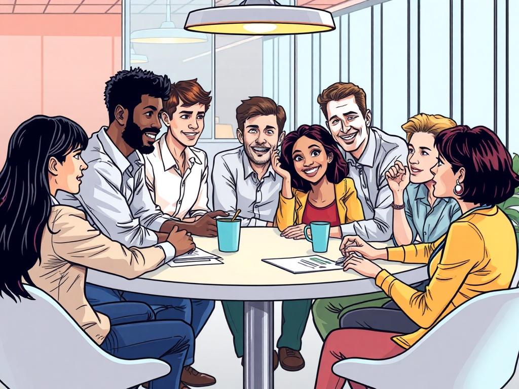 A diverse group of people engaged in a lively discussion around a table, showcasing collaboration and conflict resolution. The individuals represent various backgrounds, ethnicities, and ages, with expressions of understanding and engagement. The setting is bright and inviting, featuring a modern office space. The image should capture the essence of teamwork and problem-solving in a dynamic and colorful comic drawing style.