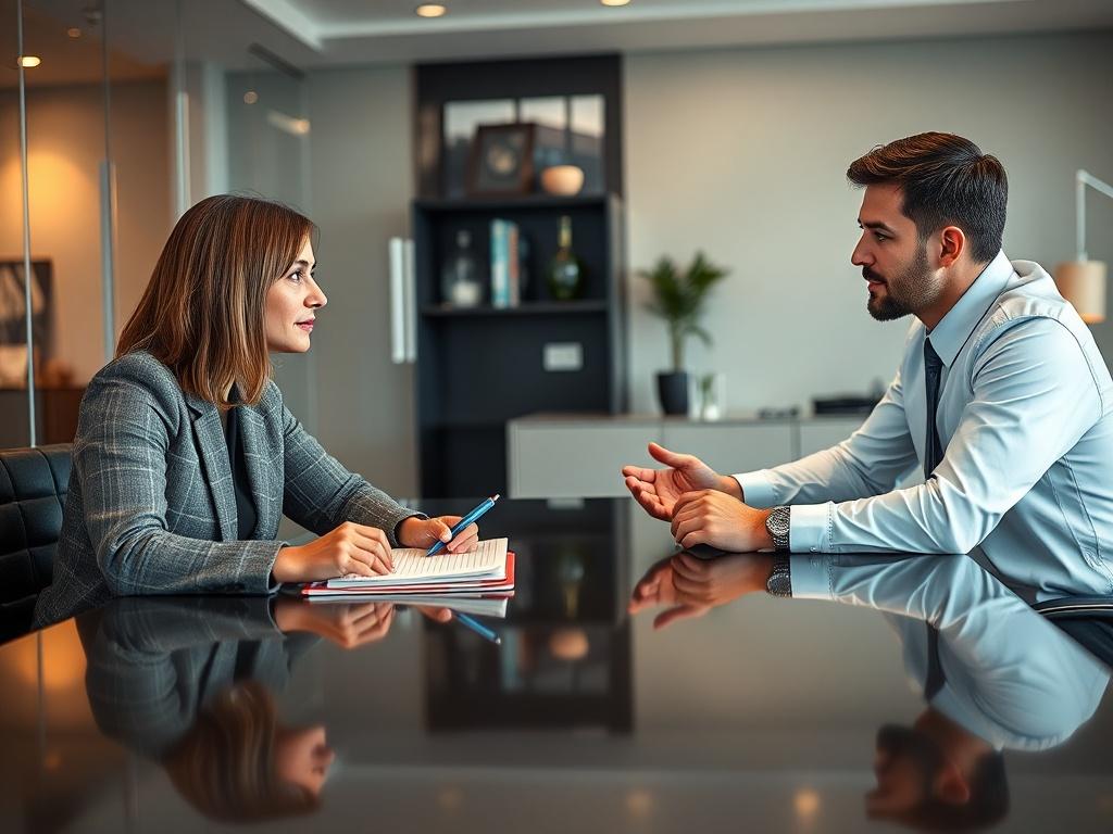 A close-up shot of two professional individuals sitting across from each other at a sleek conference table. One person is attentively asking questions, with a notebook and pen in hand, while the other listens thoughtfully, nodding in response. The background is a modern office setting with subtle decor that conveys professionalism. The lighting is warm and inviting, enhancing the focus on the interaction between the two individuals.