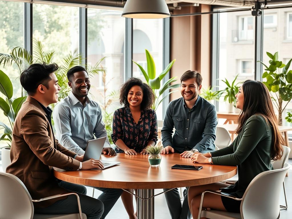 A racially diverse group of employees gathered around a circular table in a bright, modern office setting. The group consists of an Asian male, a Black male, a Black woman, a White male, and a Hispanic woman. They are all laughing and engaged in lively conversation, showcasing teamwork and collaboration. The background features large windows with natural light streaming in, plants for a fresh atmosphere, and a stylishly decorated office space.