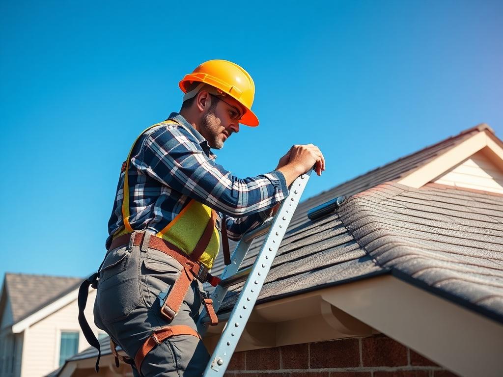 A realistic high-resolution photo of a professional roofing inspector examining a rooftop, using a ladder. The inspector is wearing safety gear including a hard hat and harness. The background shows a clear blue sky and a suburban home. The composition focuses on the inspector and the roof, highlighting the inspection process. The image is shot with a 45mm f/1.2 lens style, ensuring a close-up shot that captures the details.