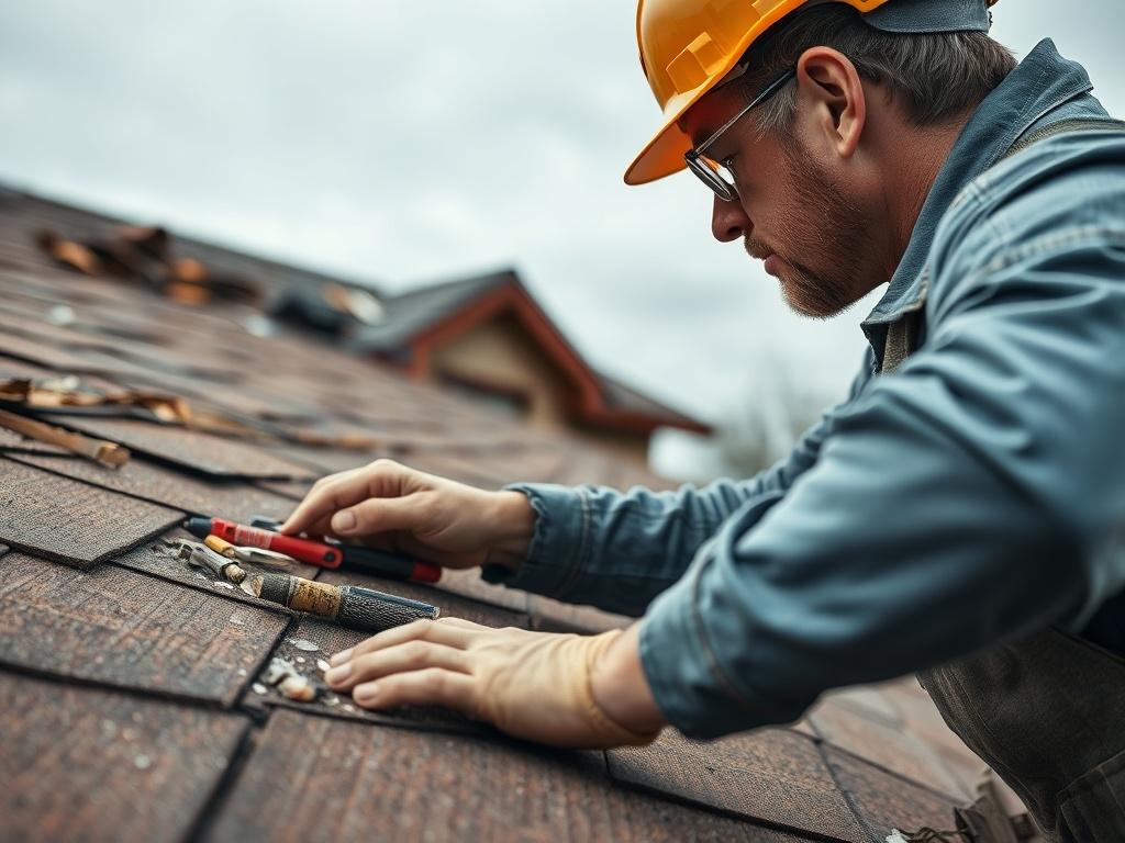 A hyper-realistic close-up shot of a roofing professional inspecting a damaged roof with a focus on the tools and materials used for repair. The scene captures the intensity and attention to detail involved in roof repair. The background is a blurred view of the house, emphasizing the importance of maintaining a secure and safe roof.