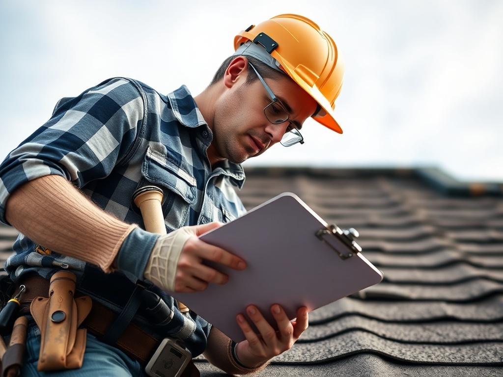 A close-up shot of a roofing expert inspecting a roof with a clipboard and tools in hand. The image captures the expert's focus, showing detailed attention to the roof's condition. The background features a clear sky, emphasizing the importance of regular inspections for long-term roof health.