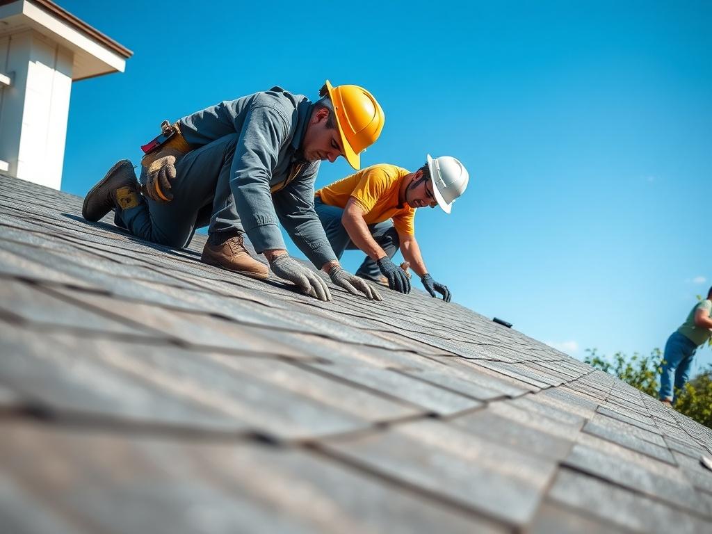 A close-up shot of a professional roofing installation in progress, showcasing workers carefully laying shingles on a house roof. The scene is bright and clear, with a blue sky in the background, highlighting the craftsmanship and quality materials used. The focus should be on the workers' precision and the roofing materials, creating a realistic and engaging image.