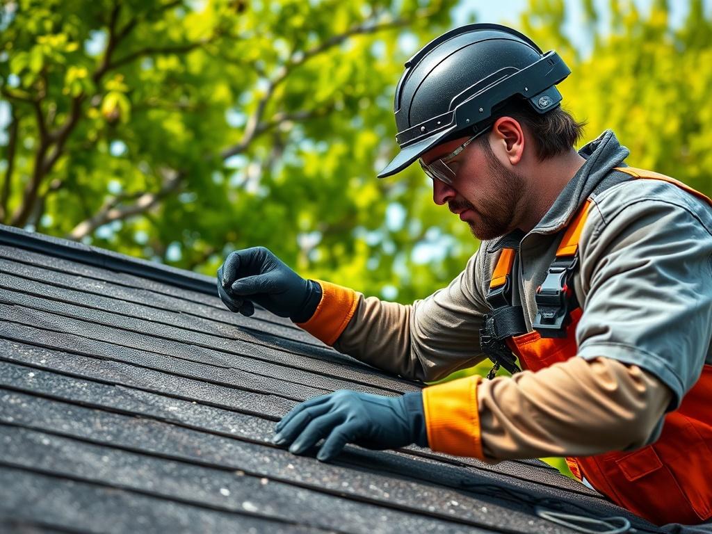 A close-up shot of a professional roofer installing high-quality roofing materials on a residential home, showcasing precision and craftsmanship. The background should be clear, focusing on the roofing process, with vibrant green trees reflecting the RGB color scheme.