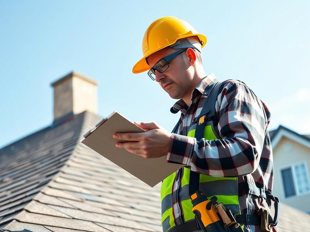 An inspector examining a residential roof with a clipboard and professional tools, focusing on identifying potential issues. The background should be bright and clear, emphasizing the importance of thorough inspections while reflecting the RGB color scheme.