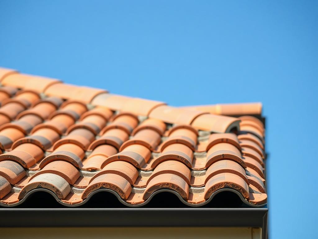A close-up shot of a beautifully installed tile roof. The image captures the intricate details of the tiles, showcasing a blend of colors and textures. The background features a bright blue sky, highlighting the roof's elegance. The image is shot with a 45mm f/1.2 lens, emphasizing the sharpness of the tiles while creating a soft bokeh effect in the background.
