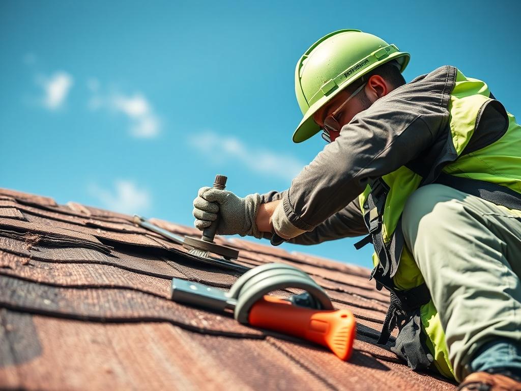 A close-up of a skilled roofer applying repairs on a damaged roof, highlighting the use of tools and materials. The image should convey a sense of urgency and professionalism, with a bright sky complementing the vibrant green color scheme.