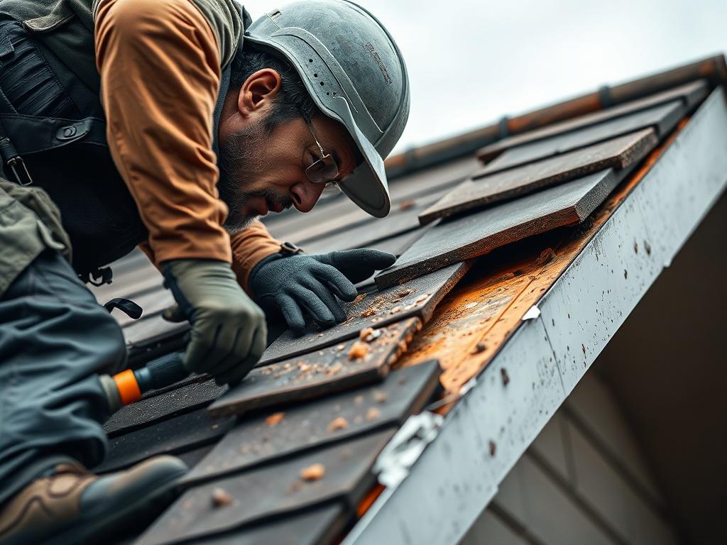 A close-up shot of a roofer repairing a damaged section of a roof, demonstrating their skill and urgency in addressing the issue. The roofer should be focused on the task, with tools and materials clearly visible. The background should convey a sense of urgency, perhaps showing an overcast sky. The image should be rendered in hyper-realistic style, emphasizing the textures of the roofing materials and the tools used, compatible with the rgb(50, 170, 39) primary color.