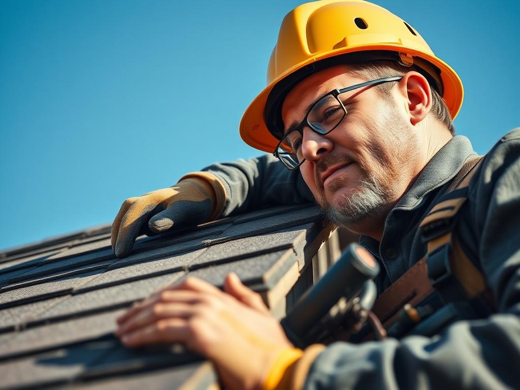 A close-up shot of a skilled roofer installing high-quality shingles on a residential roof, showcasing their focused expression and the detailed craftsmanship involved. The background should be a clear blue sky to highlight the roofing work. The image should be rendered in hyper-realistic style, emphasizing the textures of the shingles and the tools used, compatible with the rgb(50, 170, 39) primary color.