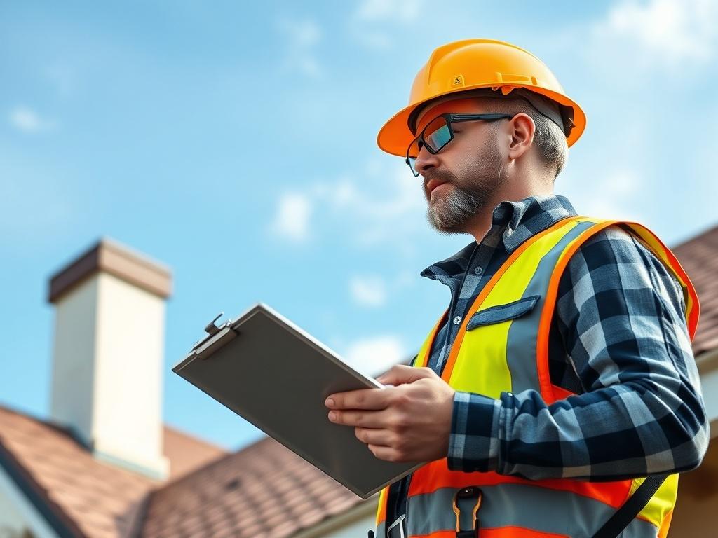 A close-up shot of a professional inspector examining a roof with a clipboard in hand, highlighting the details of the roof structure. The inspector should be wearing safety gear, with a focus on the meticulous nature of their work. The background should include parts of the house and a clear sky. The image should be rendered in hyper-realistic style, emphasizing the textures of the roof and the tools used, compatible with the rgb(50, 170, 39) primary color.