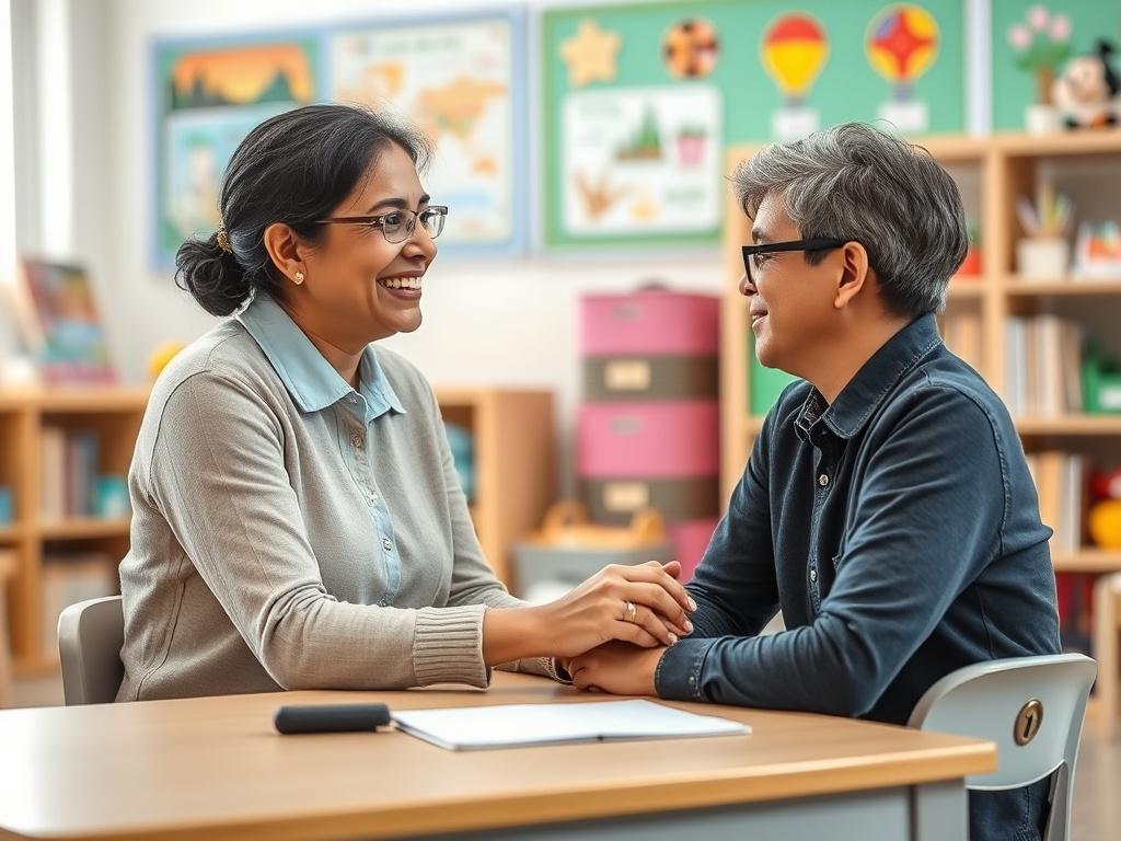 **AI Image Generation Prompt:**

Create a highly realistic, high-resolution photo that captures the essence of a supportive parent-teacher partnership in an educational setting. The focal subject of the image should be a caring teacher sitting at a small desk, engaging with a parent. The teacher should be of South Asian descent, demonstrating warmth and approachability, showcasing an inviting smile as they discuss a child's progress.

**Composition Details:**
- The image should be framed in a close-up shot 