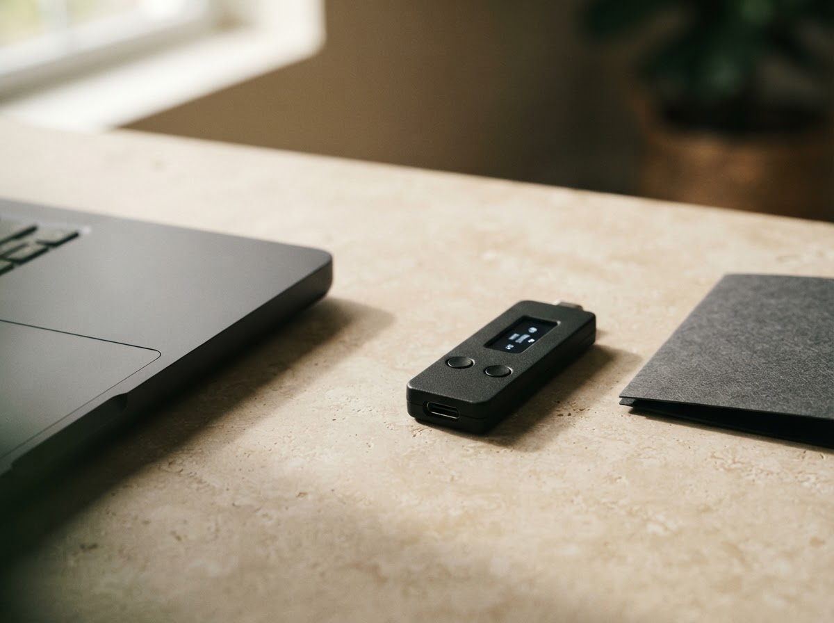 A generic hardware wallet beside a laptop on a softly lit stone desk