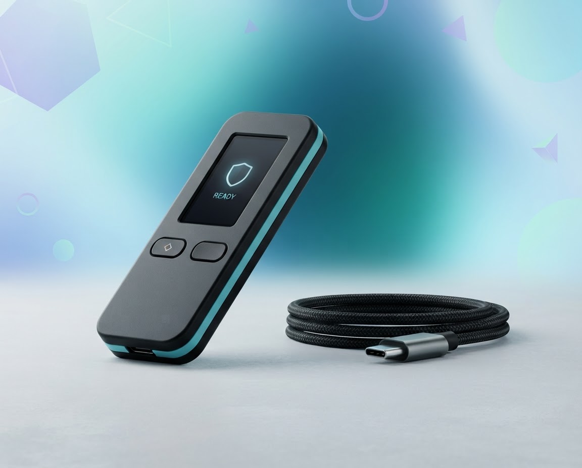A compact black and turquoise hardware wallet with a USB cable on a soft blue background