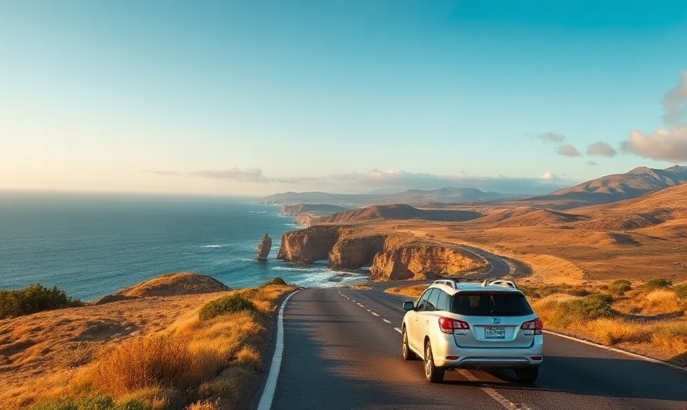 Scenic coastal road with rental car