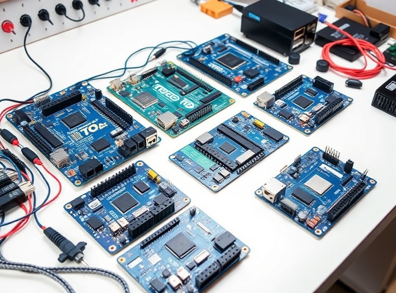 Advanced development boards and microcontroller modules on workbench