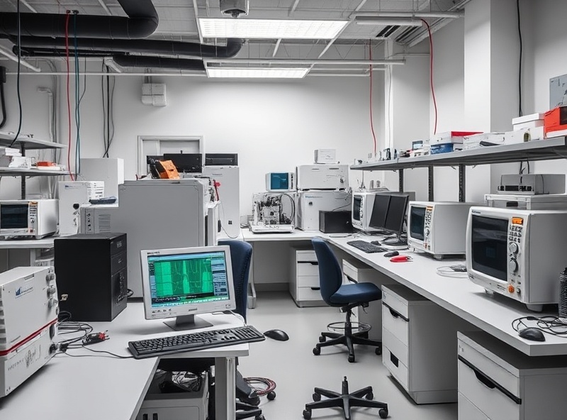 Modern electronics laboratory with testing equipment and oscilloscopes