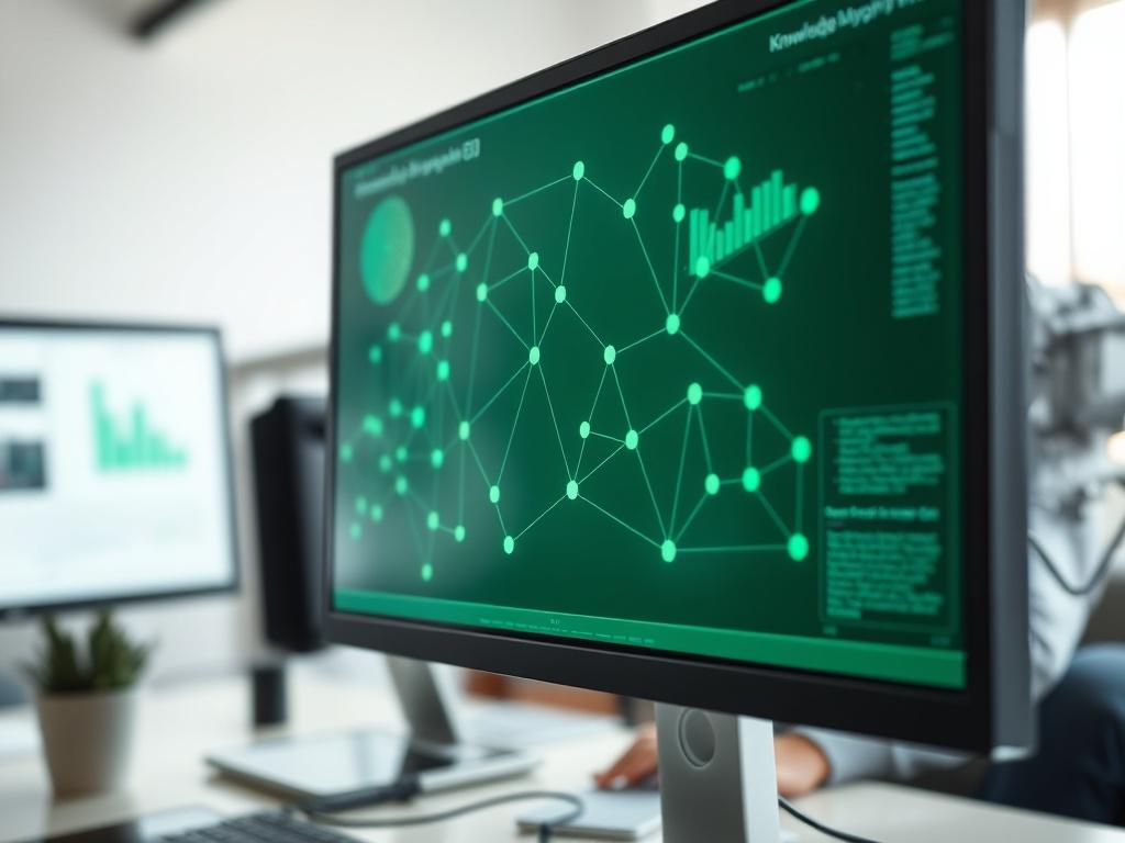 A close-up view of a digital knowledge graph displayed on a computer screen, with nodes and connections vividly illustrated. In the background, a professional is analyzing data on another monitor, creating an atmosphere of deep analysis and insight. The setting should feel modern and tech-savvy, with a clean and organized workspace.