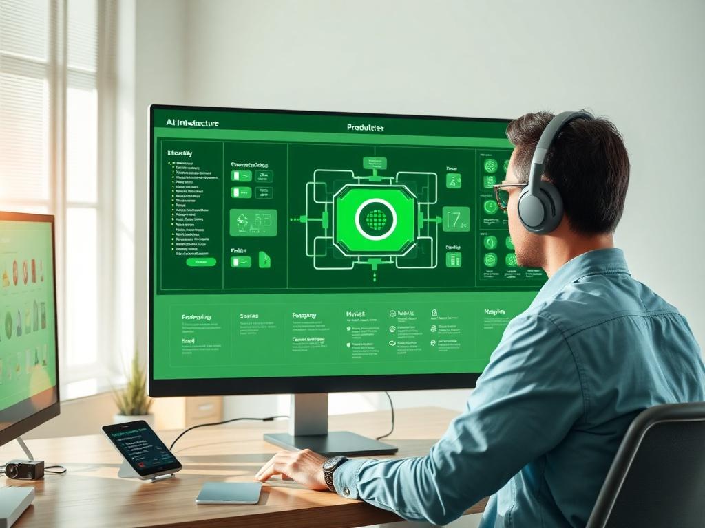 A digital rendering of a custom AI infrastructure layout on a computer screen, showcasing elements like servers, databases, and network architecture. The workspace should appear high-tech and efficient, with a professional wearing headphones analyzing the design, surrounded by a clean, modern office environment.