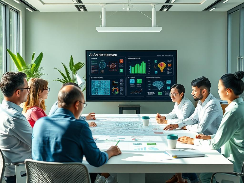 A modern office setting showing a team of diverse professionals engaged in a brainstorming session around a large table, with digital screens displaying AI architecture diagrams and graphs. The environment should feel vibrant and collaborative, with bright natural lighting and plants in the background, emphasizing a focus on innovation and teamwork.
