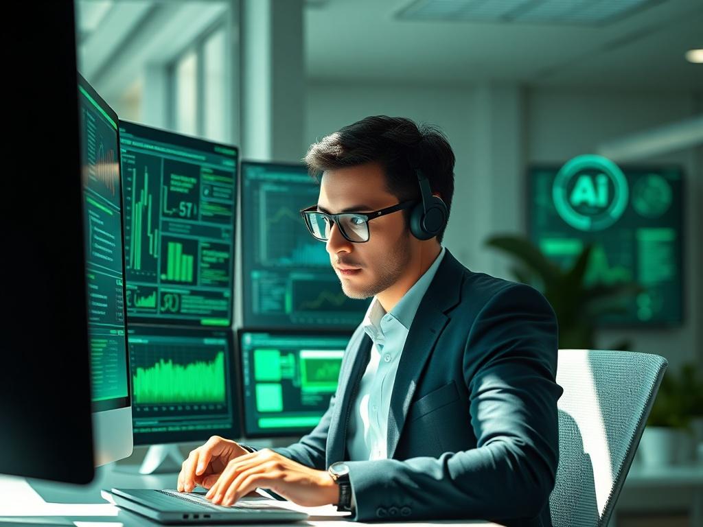 A business professional engaging in AI research, surrounded by digital