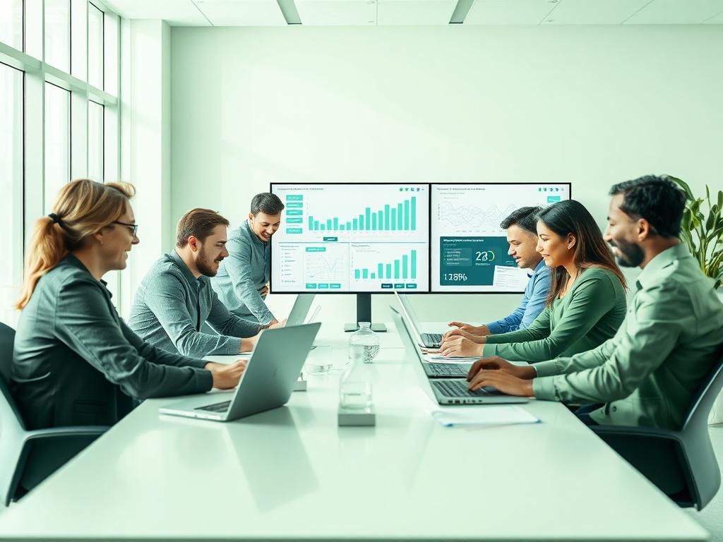 A diverse team of professionals collaborating on a strategic AI