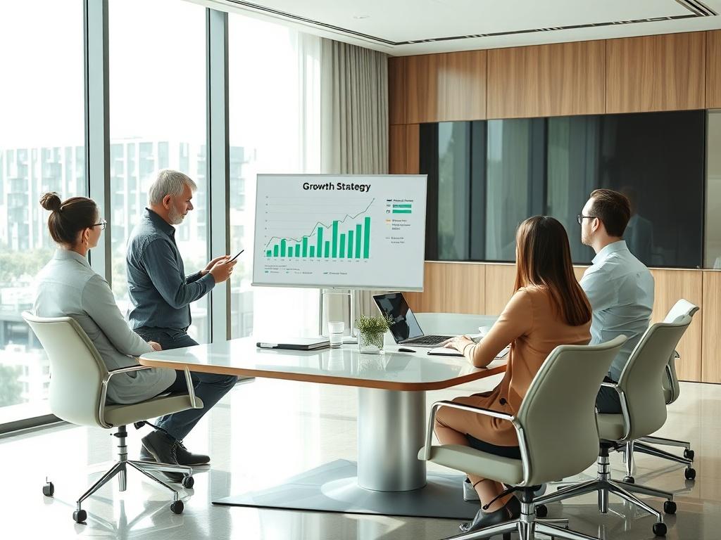 An AI consultant presenting growth strategy charts to a group