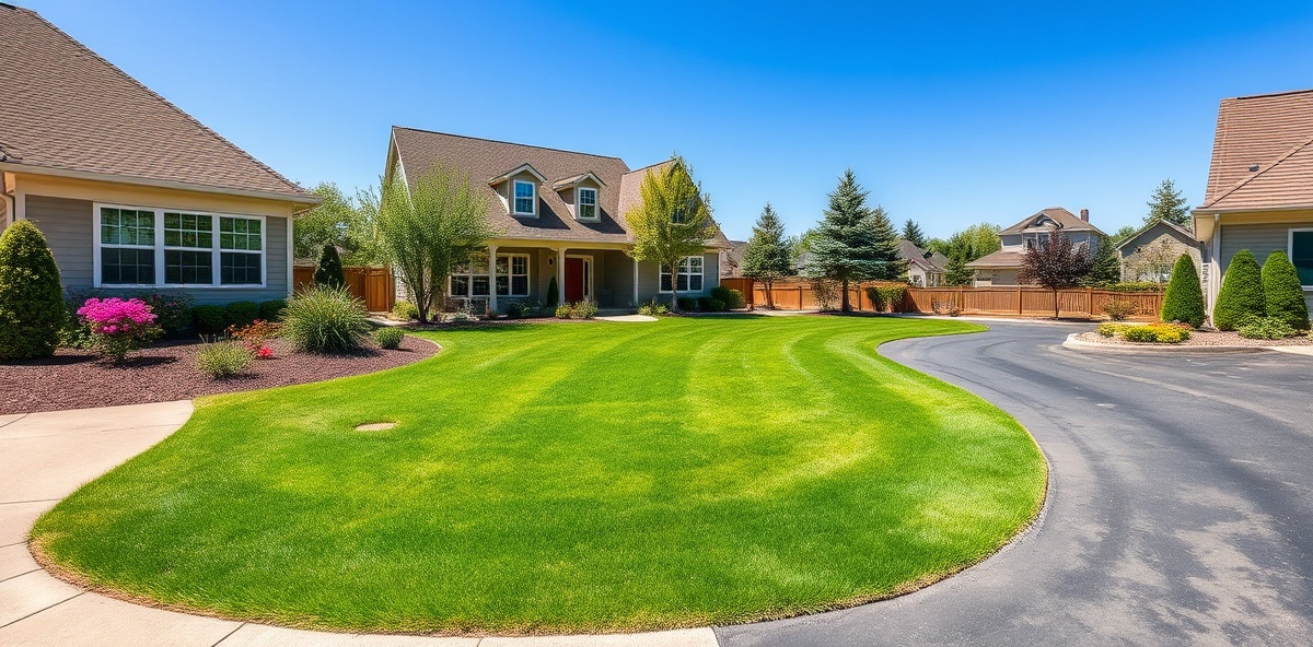 Well-maintained residential lawn with green grass and garden beds