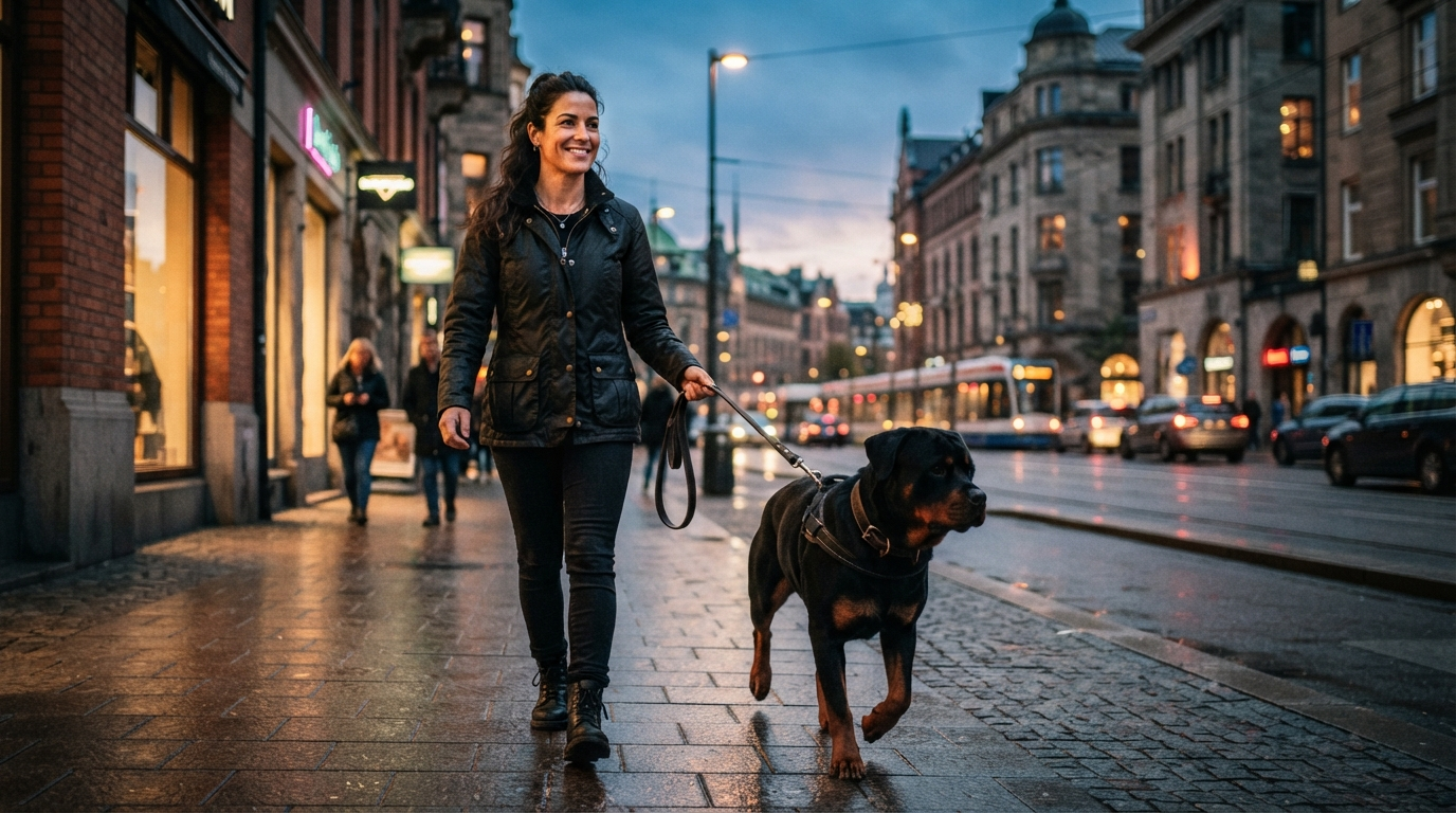 Confident dog owner with Rottweiler