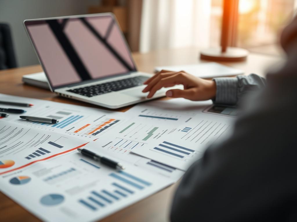 A hyper-realistic close-up shot of a focused entrepreneur's hands working on a sleek laptop with business plans and branding materials spread out on a modern desk. The scene is captured with a 45mm f/1.2 lens style, emphasizing clarity and depth of field. The background is softly blurred with a color palette compatible with rgb(29, 198, 181), highlighting a professional and innovative workspace.