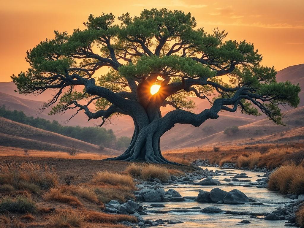 **Prompt for AI Image Generator:**

Create a realistic high-resolution photo that embodies the theme of "Eternal Life." The composition should be simple and clear, featuring a single subject: an ancient, gnarled tree standing proudly in the center of the frame. The tree should have a thick trunk, expansive branches, and lush green leaves, symbolizing endurance and timelessness. Surrounding the tree, include a serene landscape with softly rolling hills in the background, bathed in the warm light of a golden 