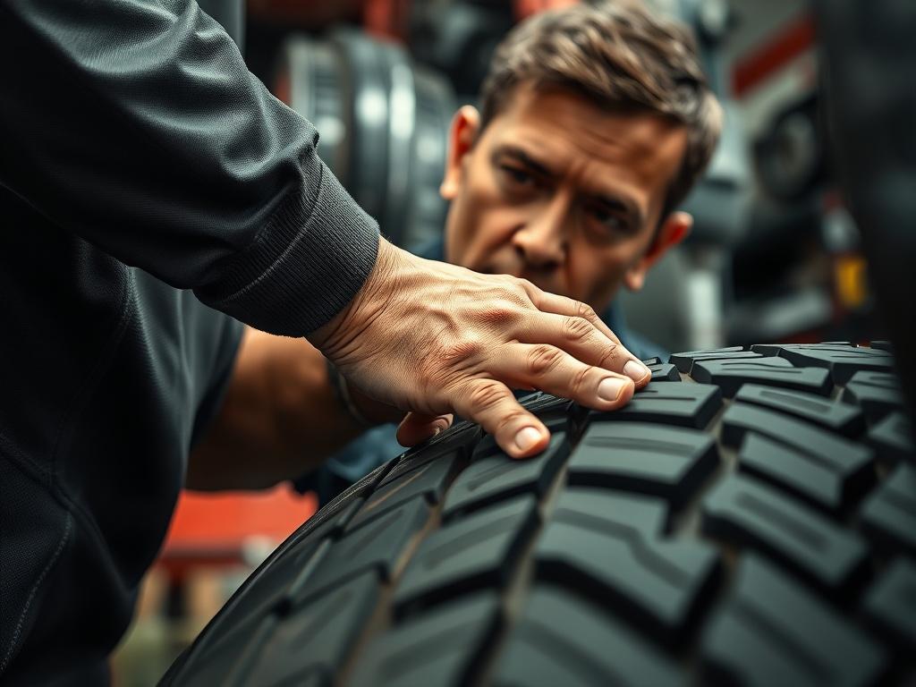 A skilled mechanic with strong, capable hands working on a tire installation. The mechanic is focused and attentive, showcasing the precision and care involved in the process. In the background, high-quality tire installation equipment is visible, highlighting the professionalism of the service. The composition is a close-up shot, capturing the detail of the mechanic's hands as they grip the tire, with a blurred background to emphasize the action. The color scheme should include elements of rgb(50, 170, 39)