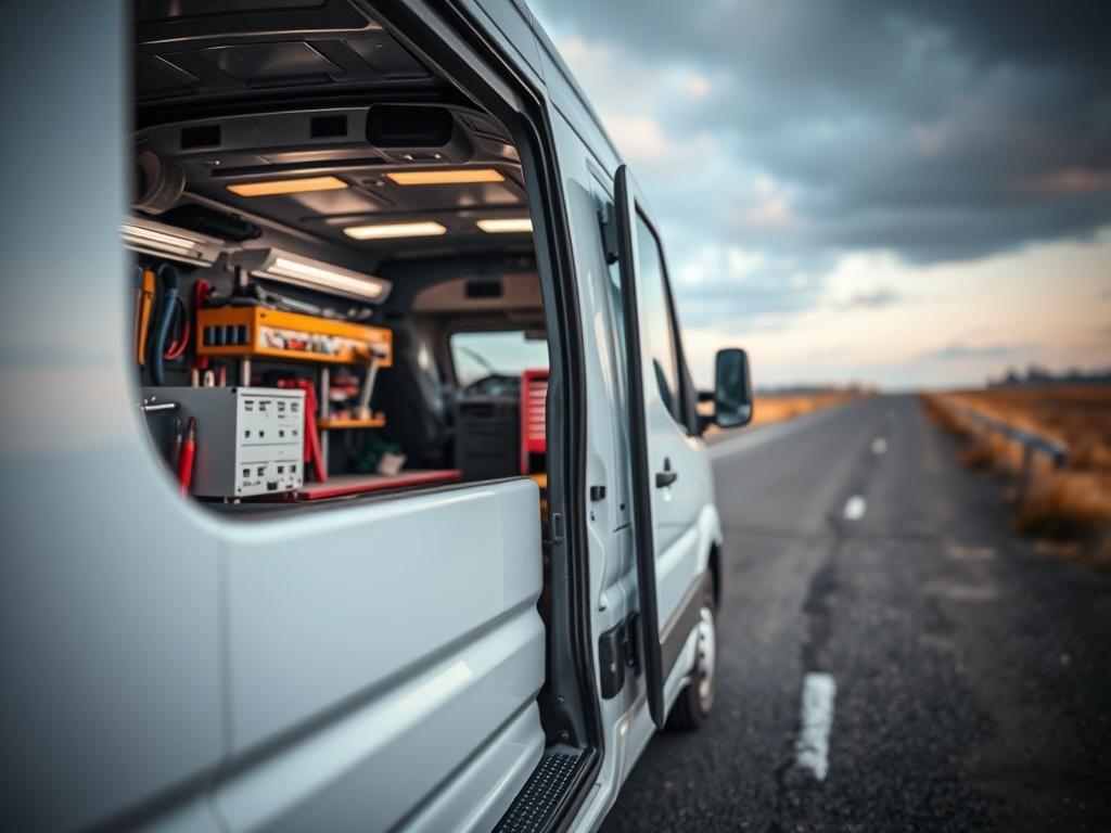 A close-up shot of a mechanic van designed for trucks, parked in an open area with tools and equipment visible inside. The van should have a professional appearance, showcasing its functionality and readiness for service. The background should be a blurred roadside, emphasizing the van as the main subject. The image should be rendered in hyper-realistic detail, focusing on the van's exterior and interior features, shot with a 45mm f/1.2 lens style.