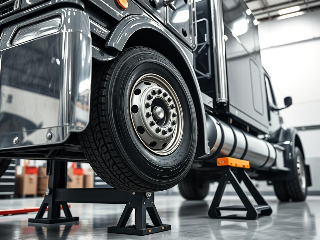 A lifted semi truck showcasing a tire installation process. The semi truck is elevated on a sturdy jack, with a focus on the tire being installed. The background is a clean, well-lit garage environment that emphasizes professionalism and efficiency. The image captures the semi truck's powerful stance, highlighting the robust tires and intricate details of the installation equipment. The lighting is bright and natural, enhancing the colors of the truck and the tools used. The composition is simple and clear,