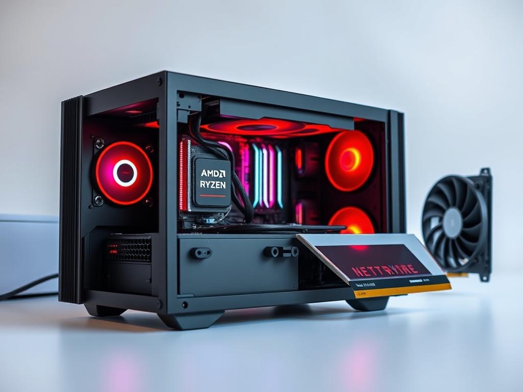 A hyper-realistic close-up shot of a gaming PC (NEXTGEN Gaming PC - Model X2) with a modern design, featuring its AMD Ryzen 9 processor and NVIDIA GeForce RTX 3070, set against a clean, simple background that emphasizes the system's premium build quality.