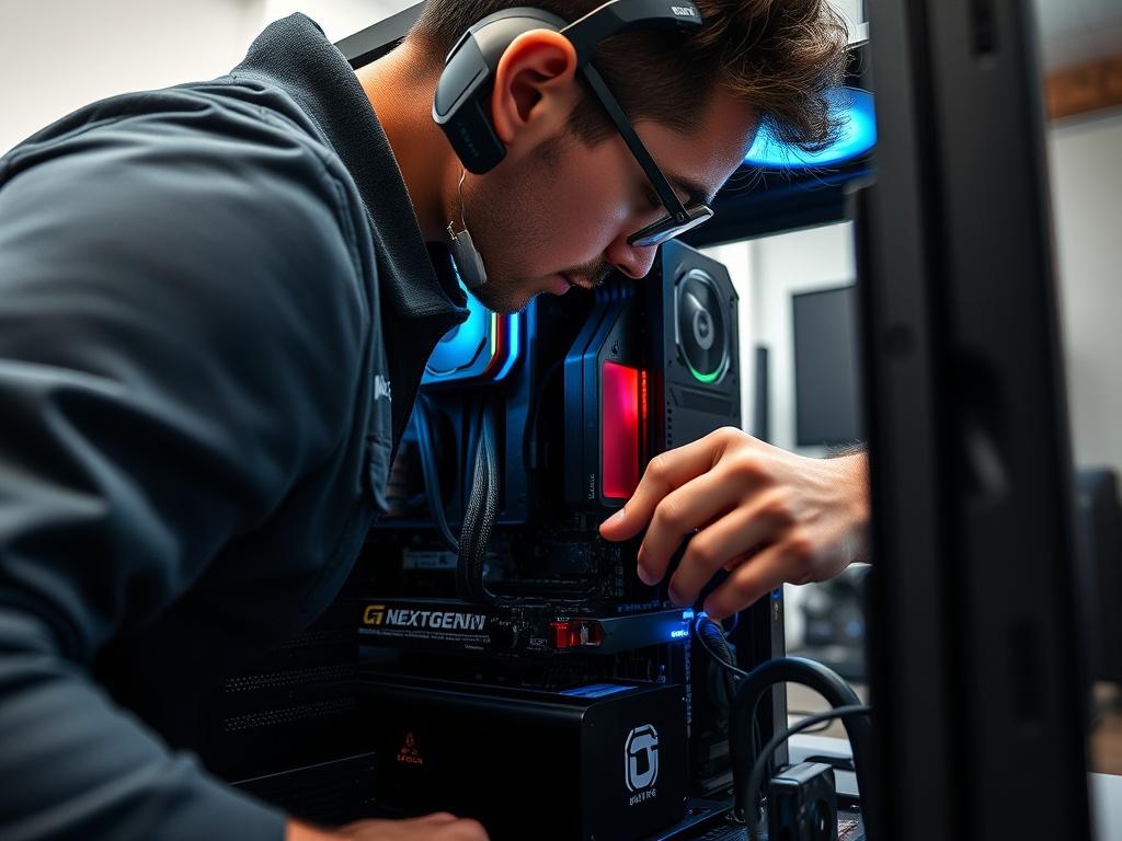 A high-resolution close-up shot of a technician upgrading a NEXTGEN gaming PC, focusing on the installation of high-performance components. The background should be clean and organized, illustrating a professional workspace dedicated to gaming technology.