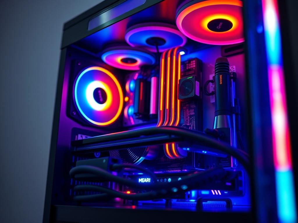 A high-resolution close-up shot of a NEXTGEN gaming PC, showcasing sleek design and illuminated components. The background should be simple, focusing on the vibrant RGB lighting of the PC. The image should evoke a sense of power and performance, perfect for gamers.